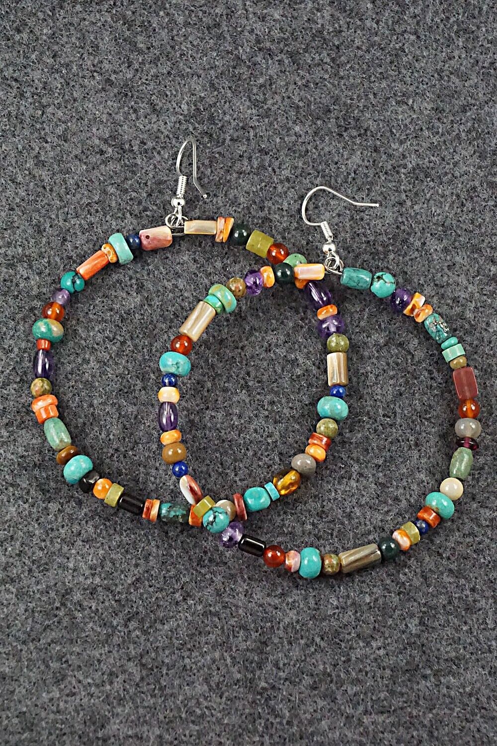 Multi Stone & Sterling Silver Hoop Earrings - Helen Tsosie