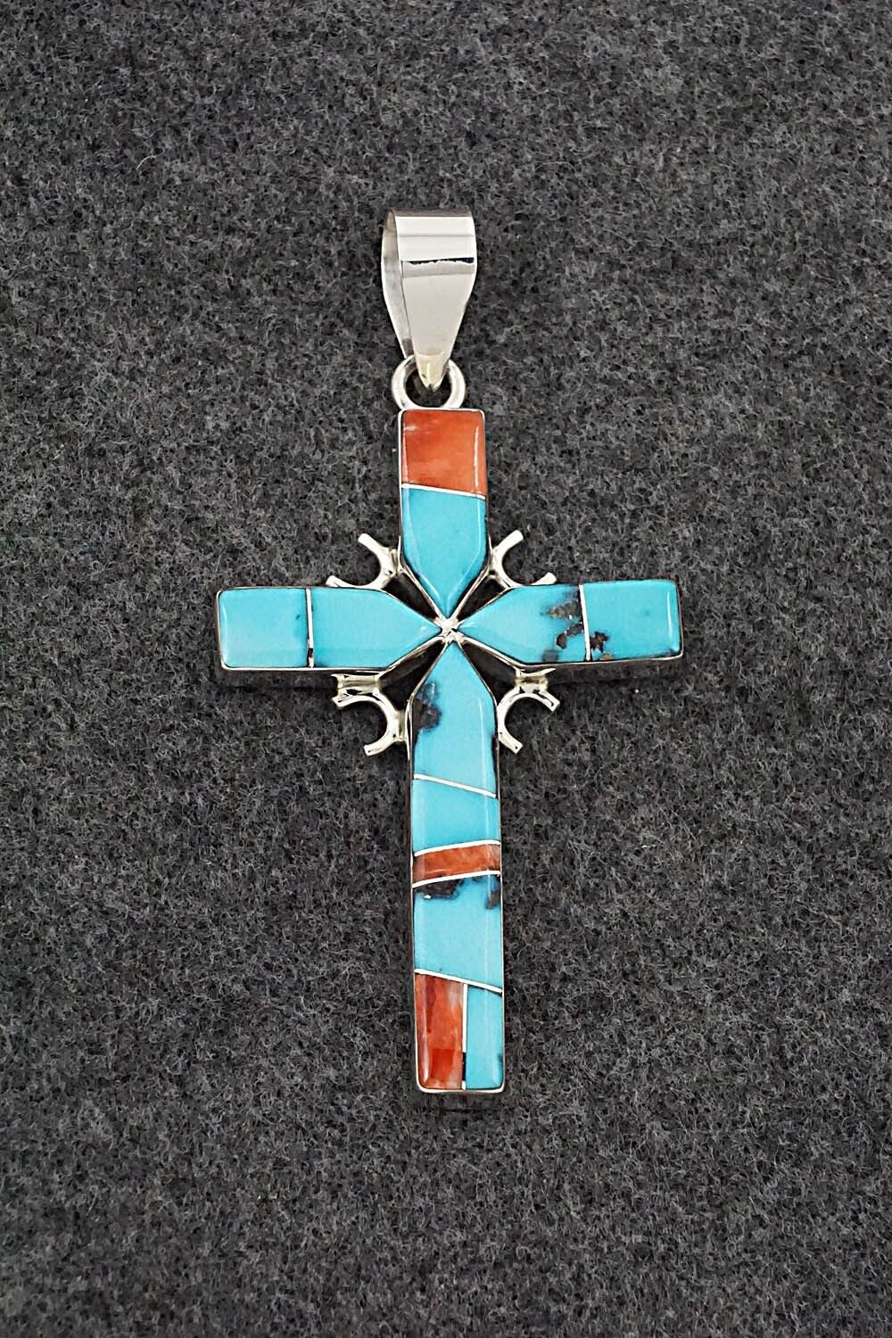 Turquoise, Spiny Oyster & Sterling Silver Pendant - Edison Yazzie