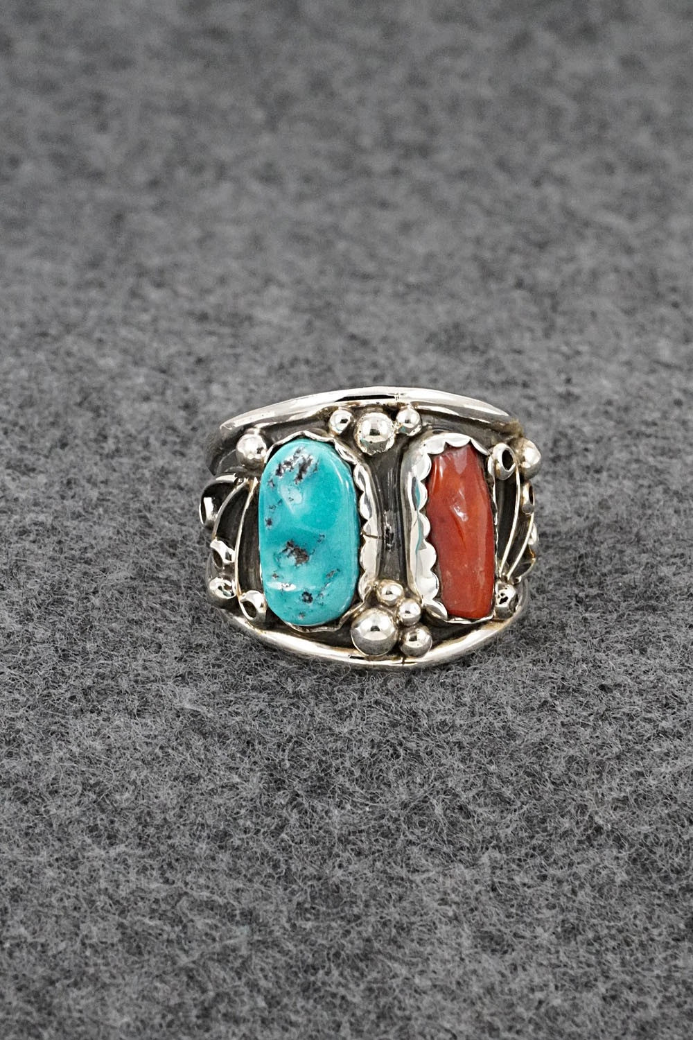 Turquoise, Coral & Sterling Silver Ring - Darrell Morgan - Size 12