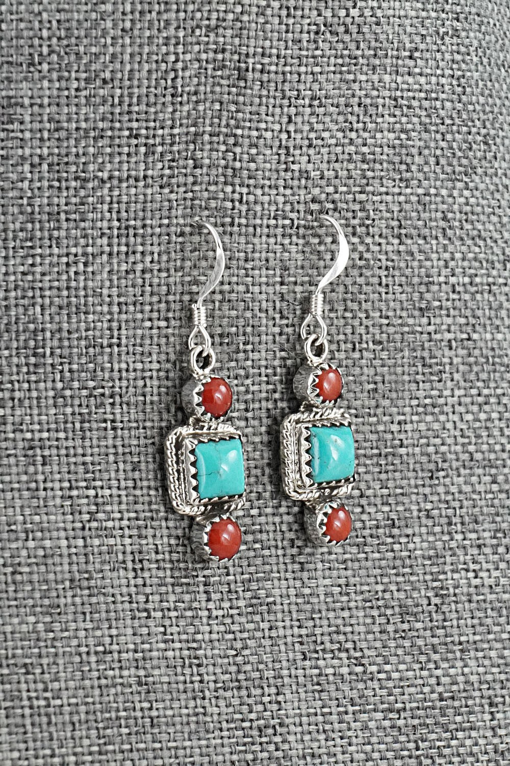 Turquoise, Coral & Sterling Silver Earrings - Gary Shorty