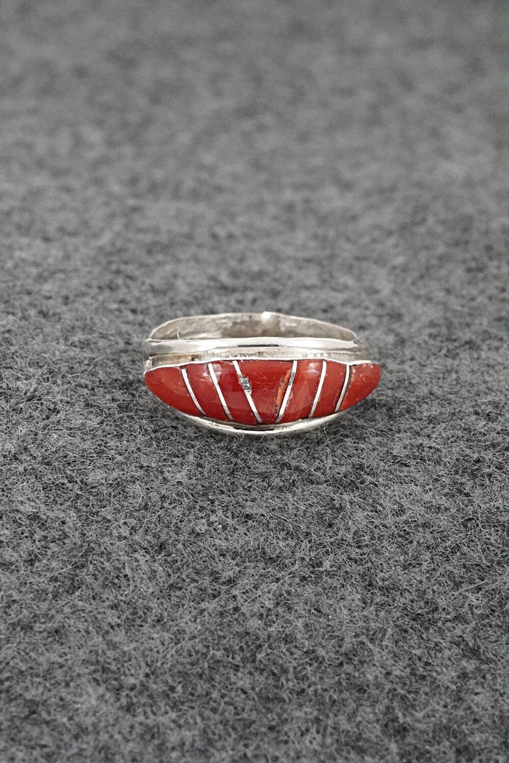 Coral & Sterling Silver Inlay Ring - Ola Eriacho - Size 5.5