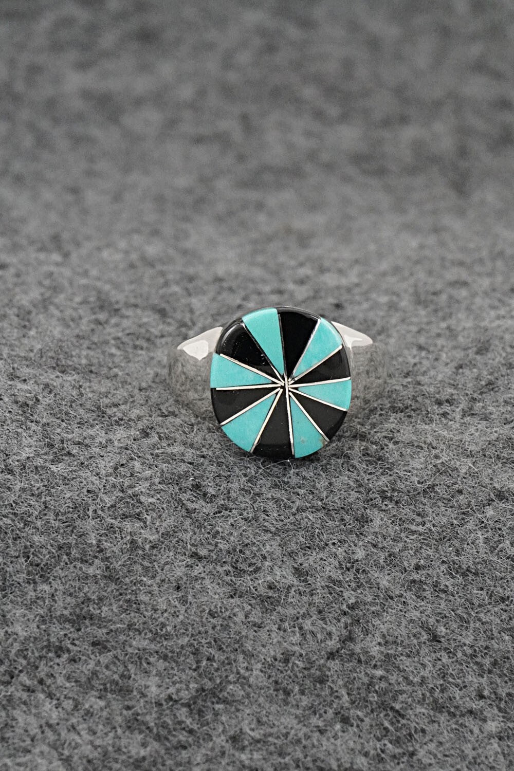 Turquoise, Onyx & Sterling Silver Inlay Ring - Johnson Laweka - Size 5.5