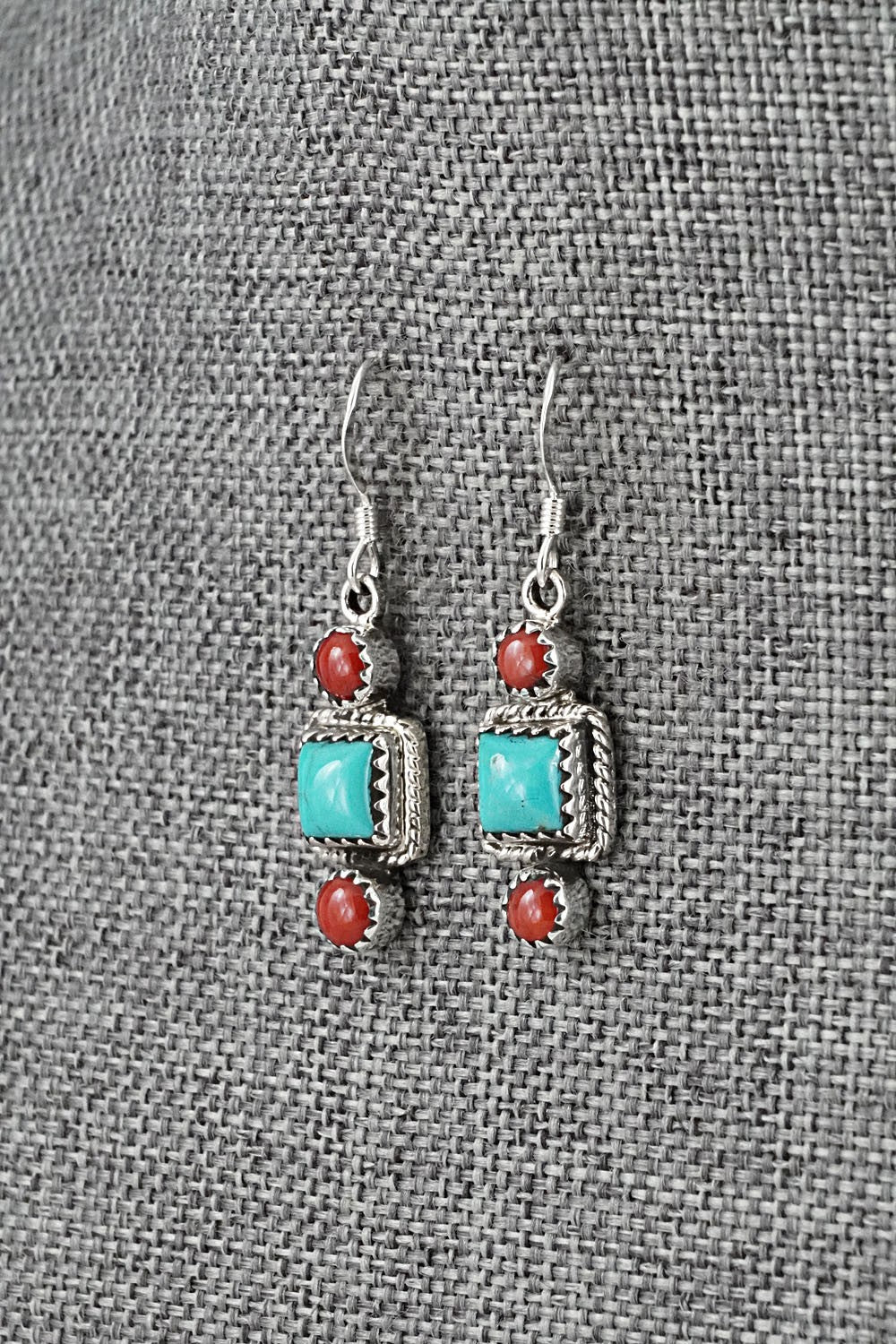 Turquoise, Coral & Sterling Silver Earrings - Gary Shorty