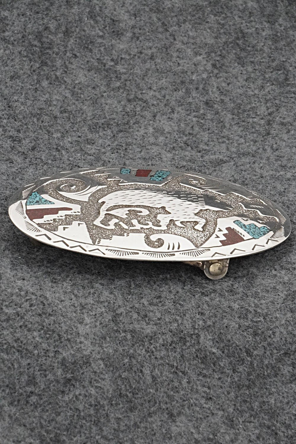 Turquoise, Coral Chip Inlay & Sterling Silver Belt Buckle - Raymond Begay