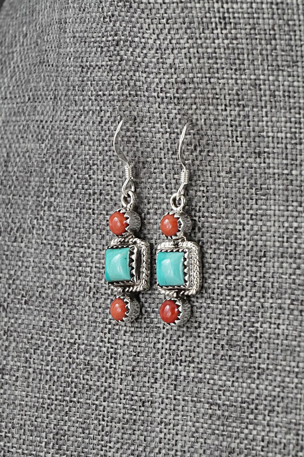 Turquoise, Coral & Sterling Silver Earrings - Gary Shorty