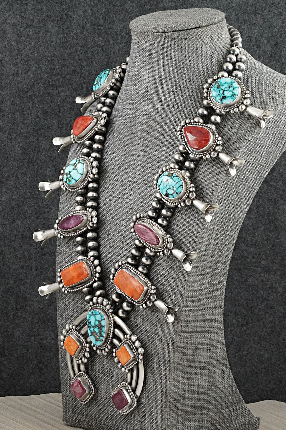 Turquoise, Spiny Oyster & Sterling Silver Squash Blossom Necklace - Tom Lewis