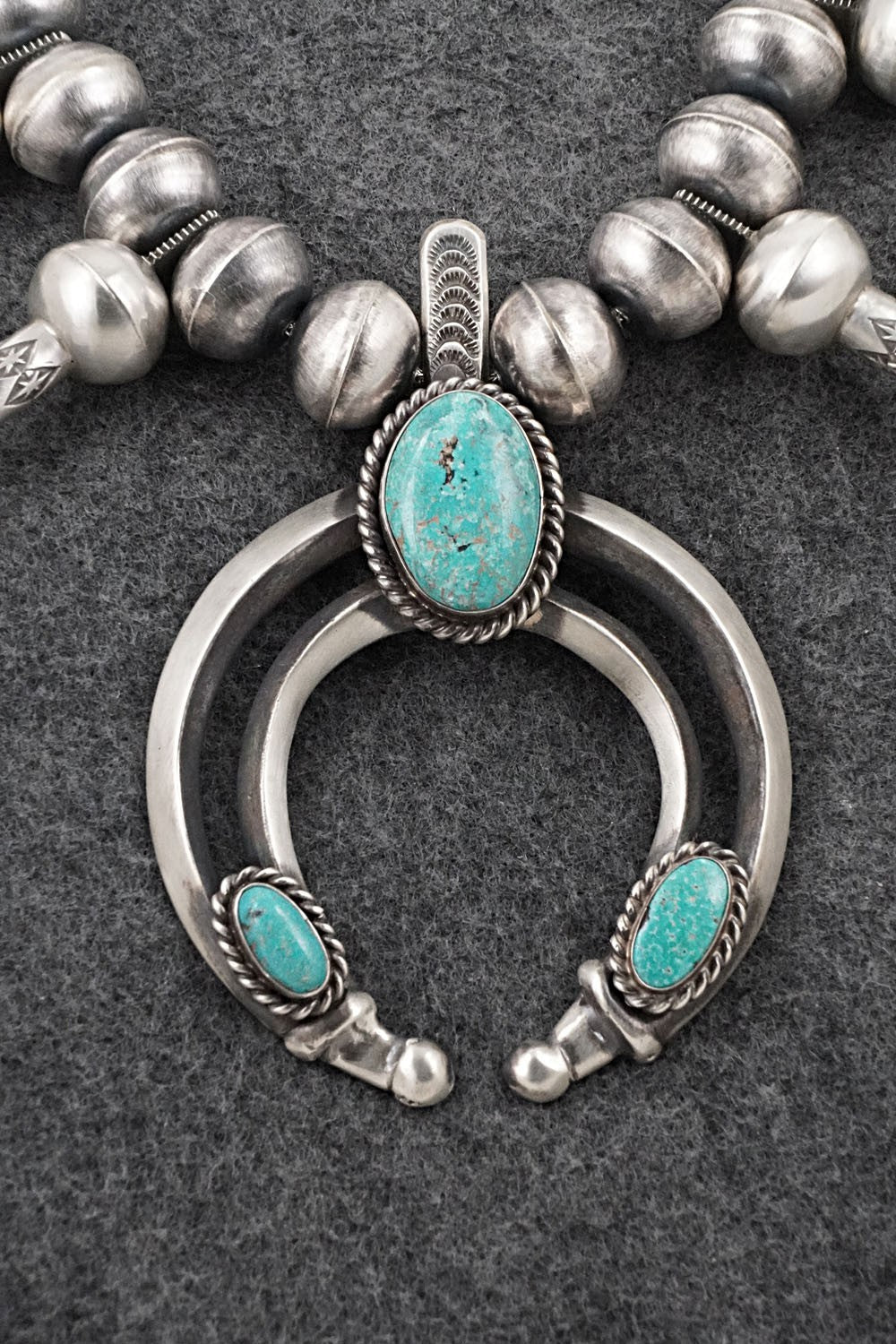 Turquoise & Sterling Silver Navajo Pearl Squash Blossom Necklace - Chris Hale
