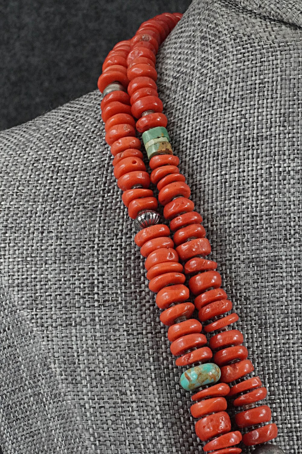 Coral, Turquoise & Sterling Silver Necklace 36" - Helen Tsosie