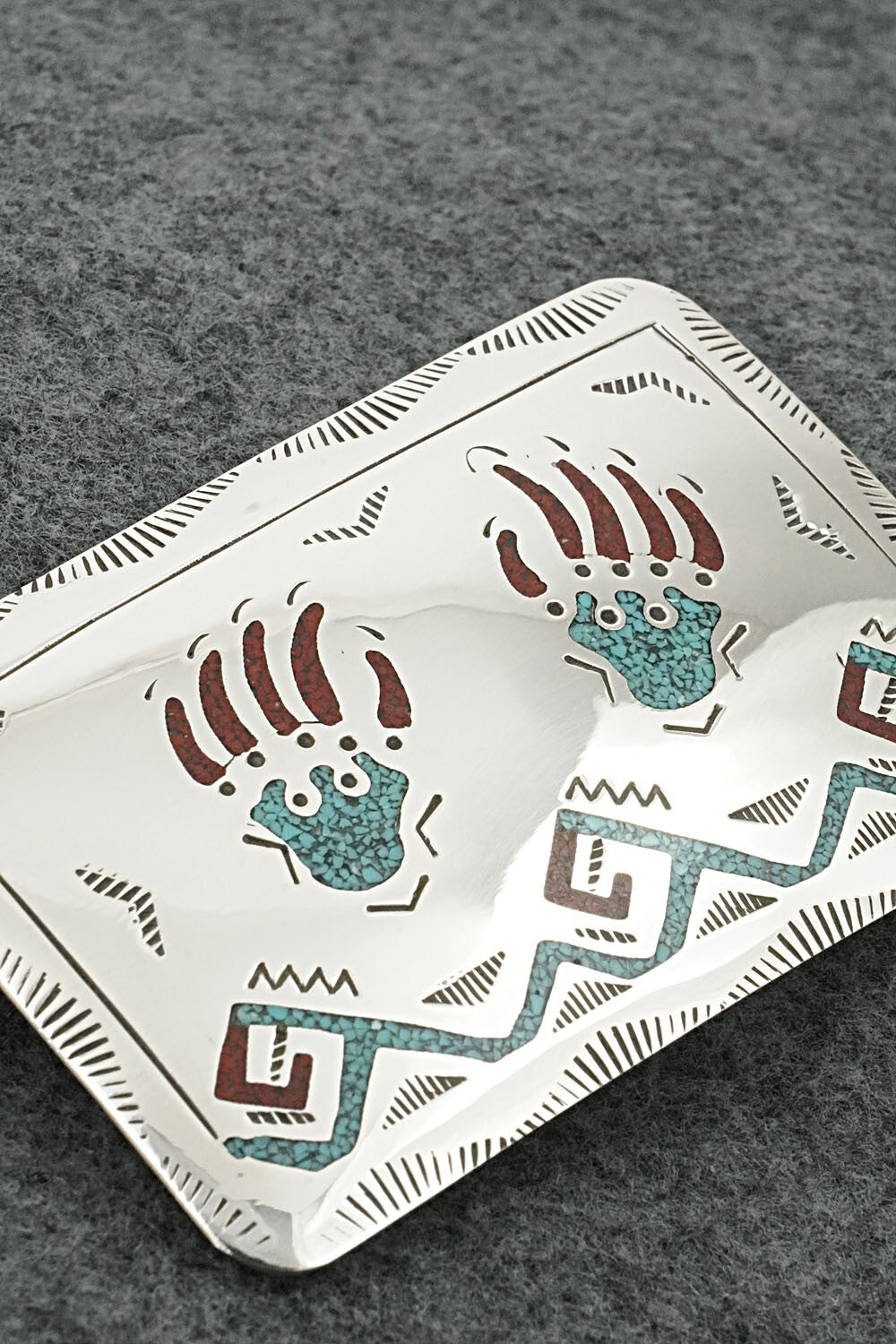 Turquoise, Coral Chip Inlay & Sterling Silver Belt Buckle - Raymond Begay