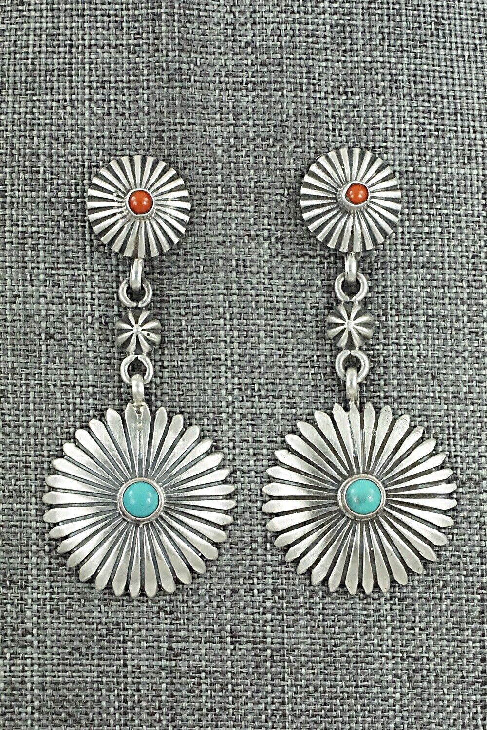 Turquoise, Coral & Sterling Silver Earrings - Verley Betone