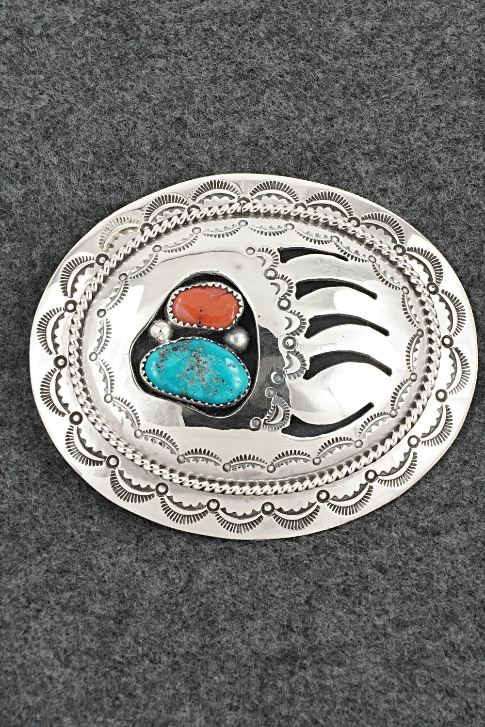 Turquoise, Coral & Sterling Silver Belt Buckle - Wilbert Muskett Sr.