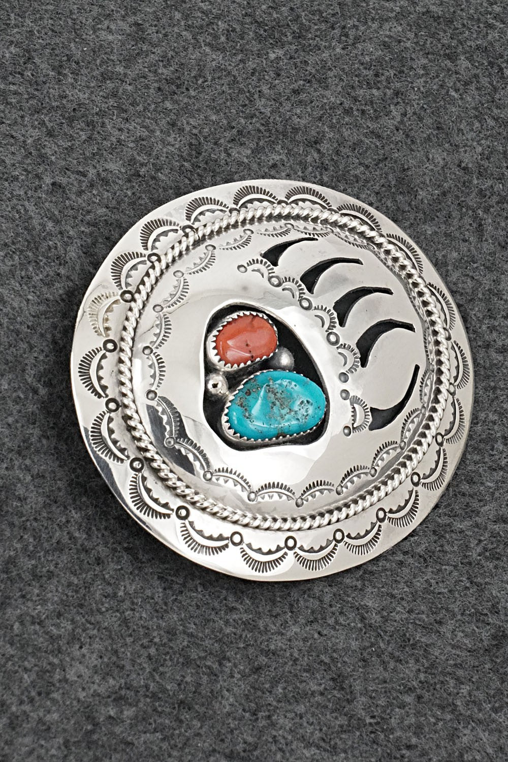 Turquoise, Coral & Sterling Silver Belt Buckle - Wilbert Muskett Sr.