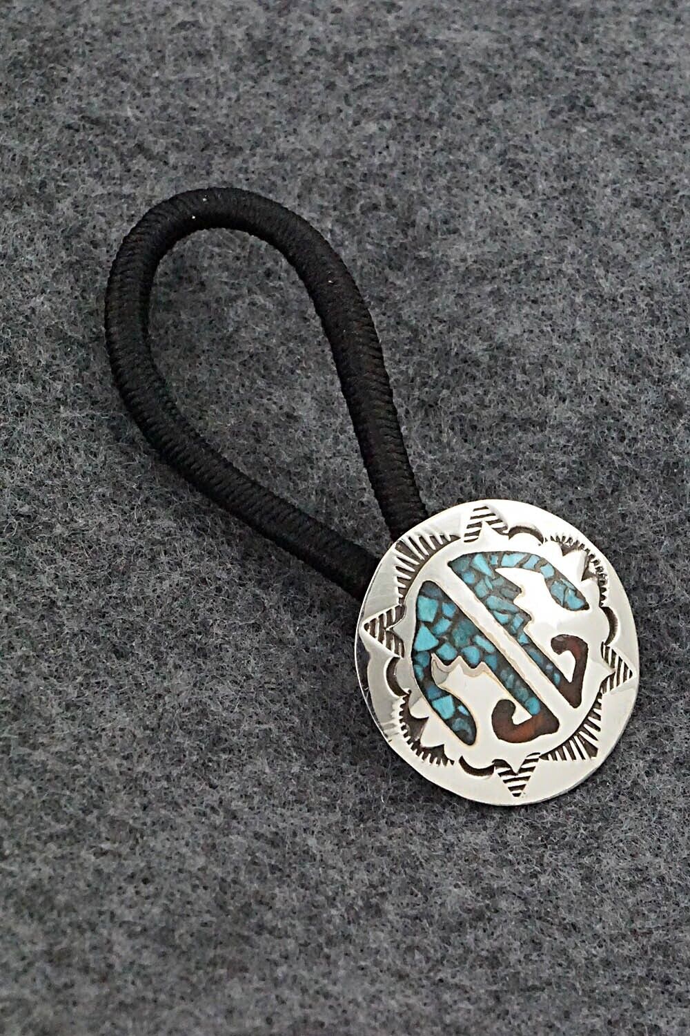 Turquoise, Coral Chip Inlay & Sterling Silver Hair Tie - Joleen Yazzie