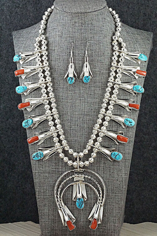 Turquoise, Coral & Sterling Silver Squash Blossom Set - Louise Yazzie