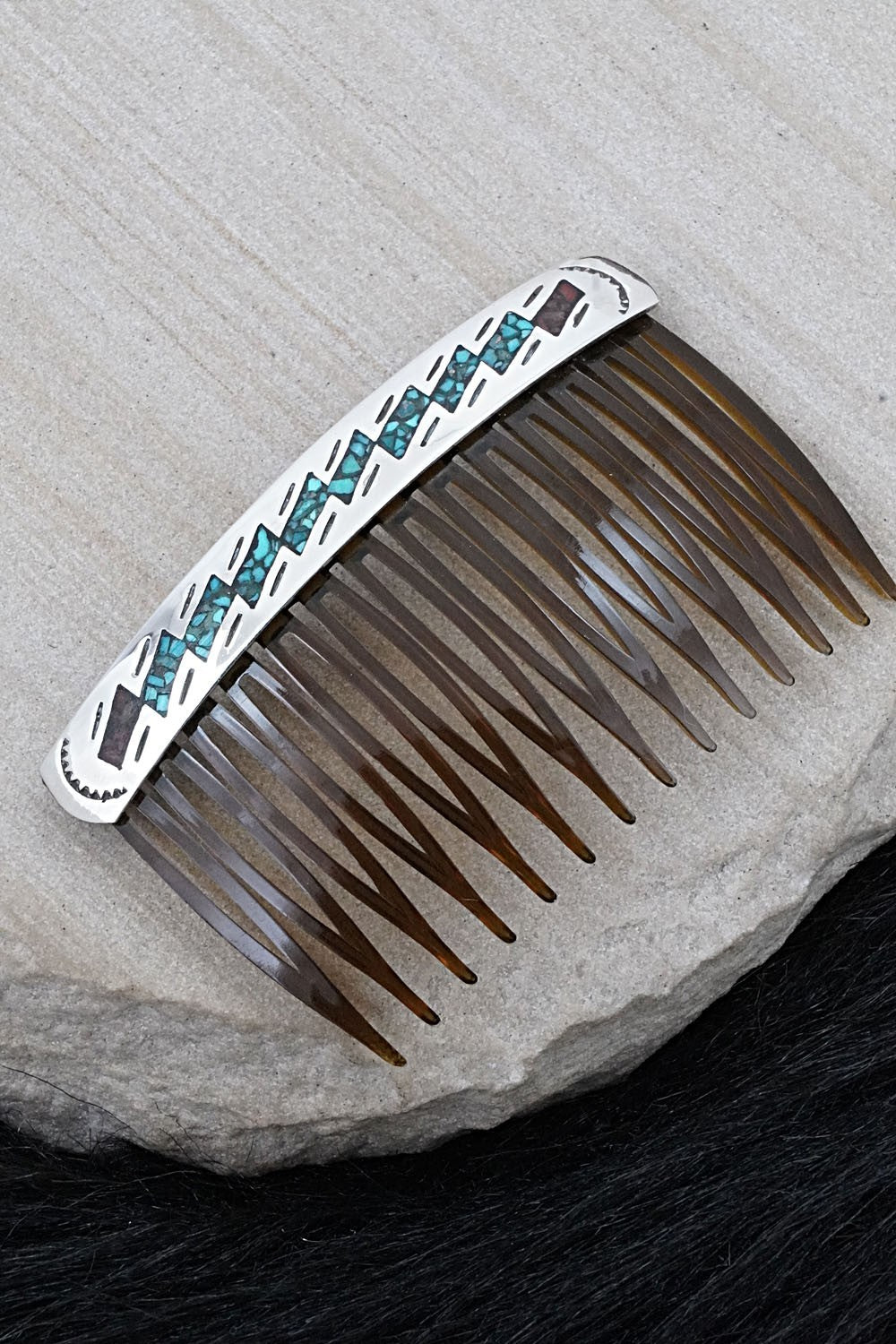 Turquoise, Coral Chip Inlay & Sterling Silver Hair Combs - Joleen Yazzie
