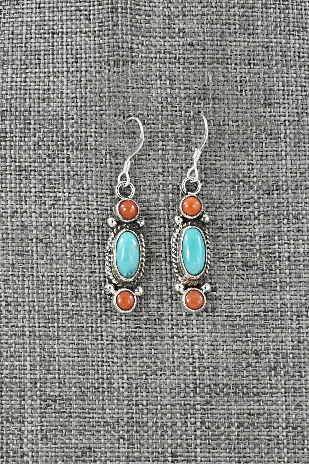 Turquoise, Coral & Sterling Silver Earrings - Verley Betone