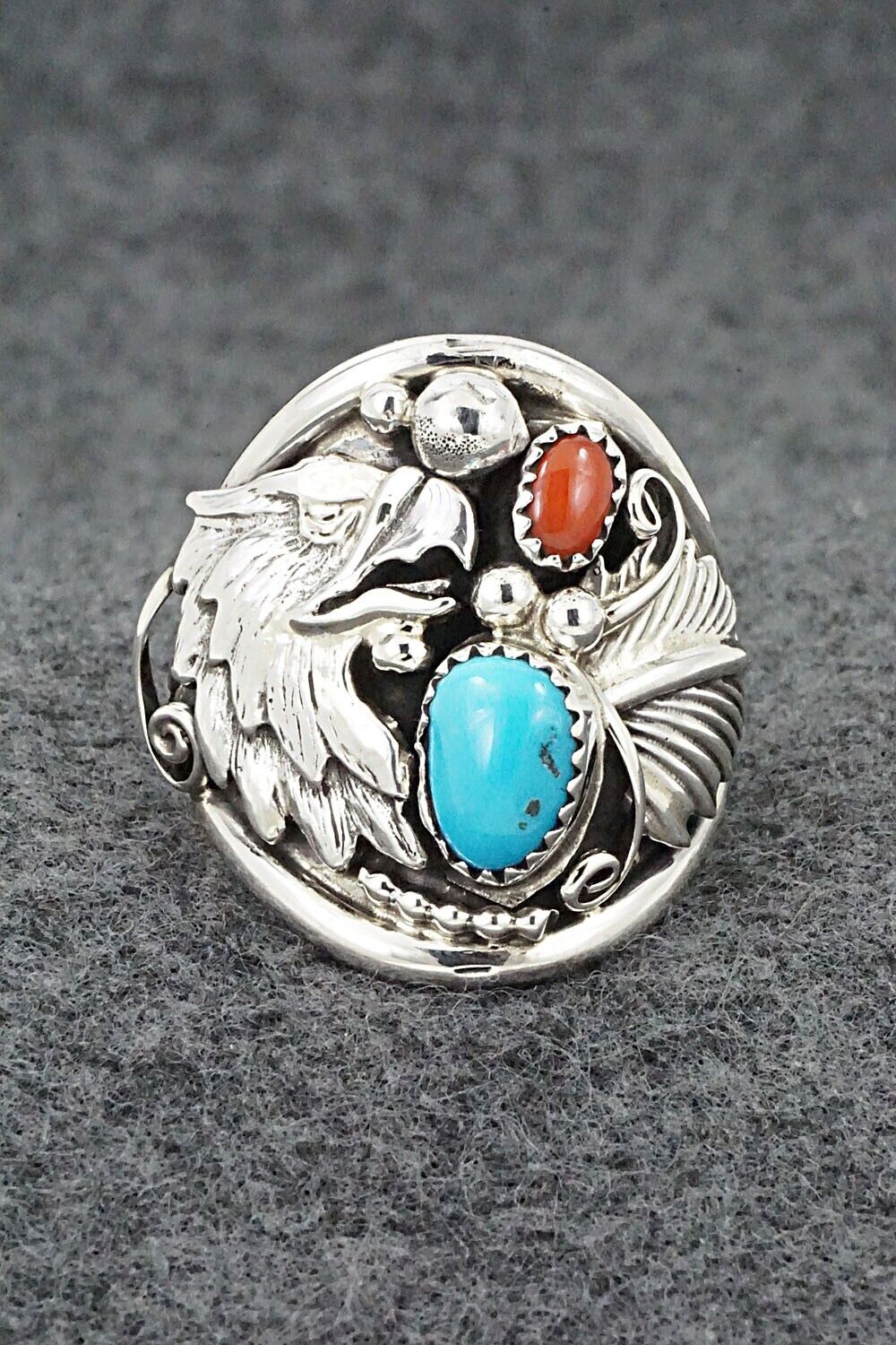 Turquoise, Coral & Sterling Silver Ring - Jeannette Saunders - Size 12