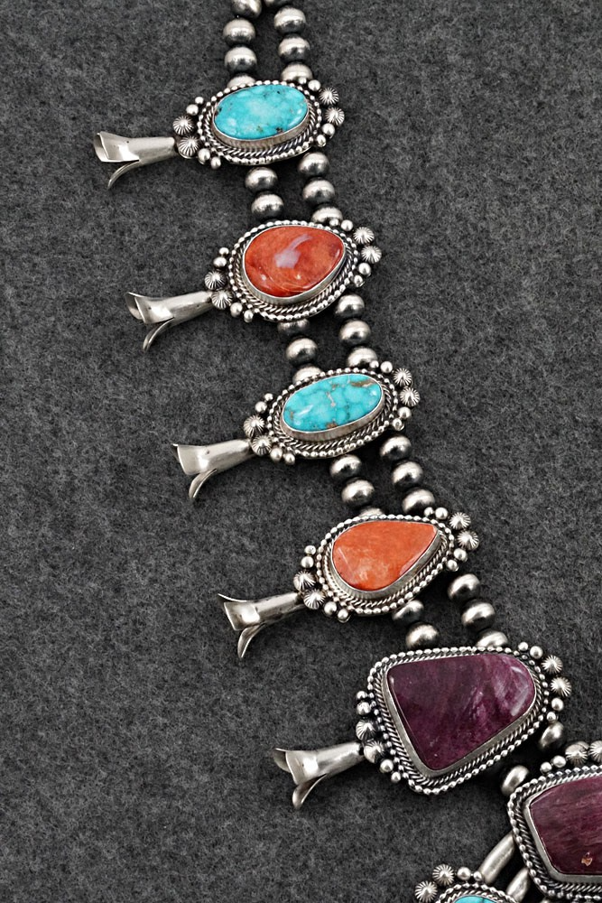 Turquoise, Spiny Oyster & Sterling Silver Squash Blossom Necklace - Tom Lewis