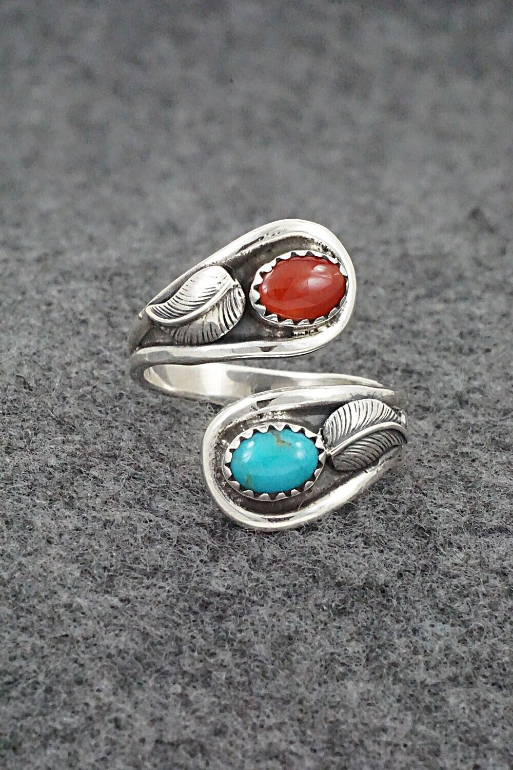 Turquoise, Coral & Sterling Silver Ring - Angela Platero - Size 8.5
