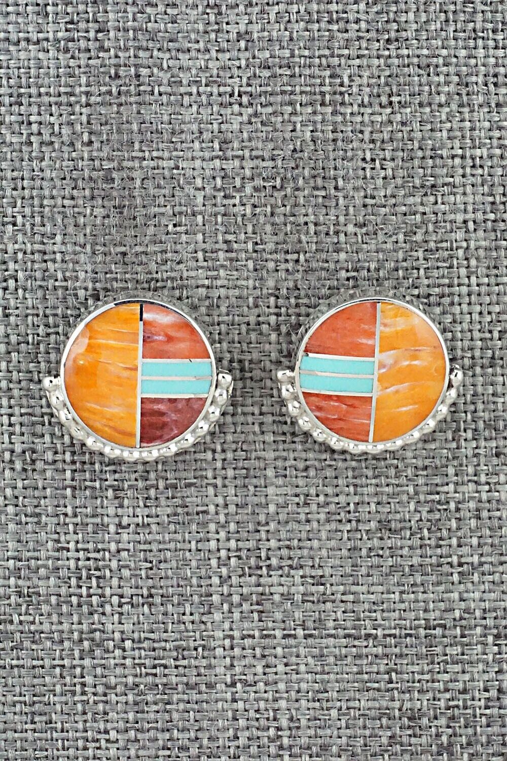 Turquoise, Spiny Oyster & Sterling Silver Inlay Earrings - Curtis Manygoats