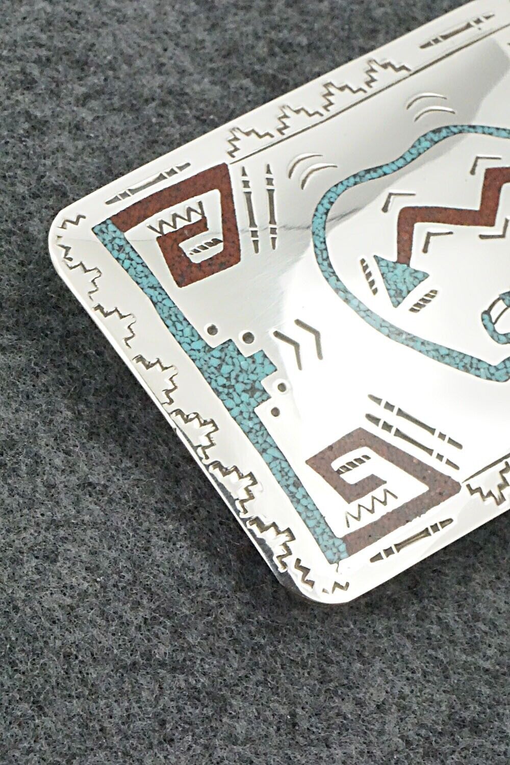 Turquoise, Coral Chip Inlay & Sterling Silver Belt Buckle - Raymond Begay