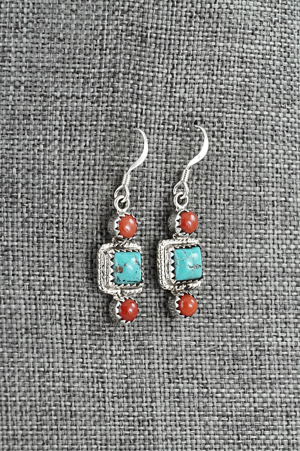 Turquoise, Coral & Sterling Silver Earrings - Gary Shorty