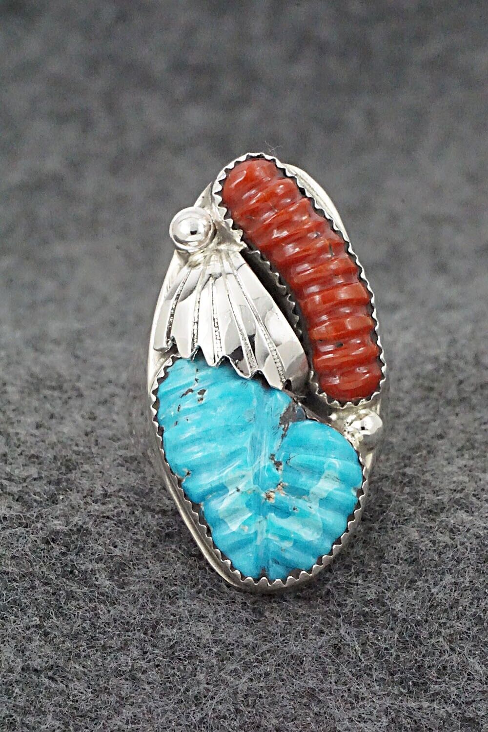 Turquoise, Coral & Sterling Silver Ring - Lyolita Tsattie - Size 11.5