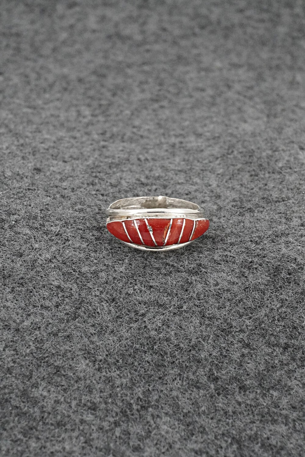 Coral & Sterling Silver Inlay Ring - Ola Eriacho - Size 5.5