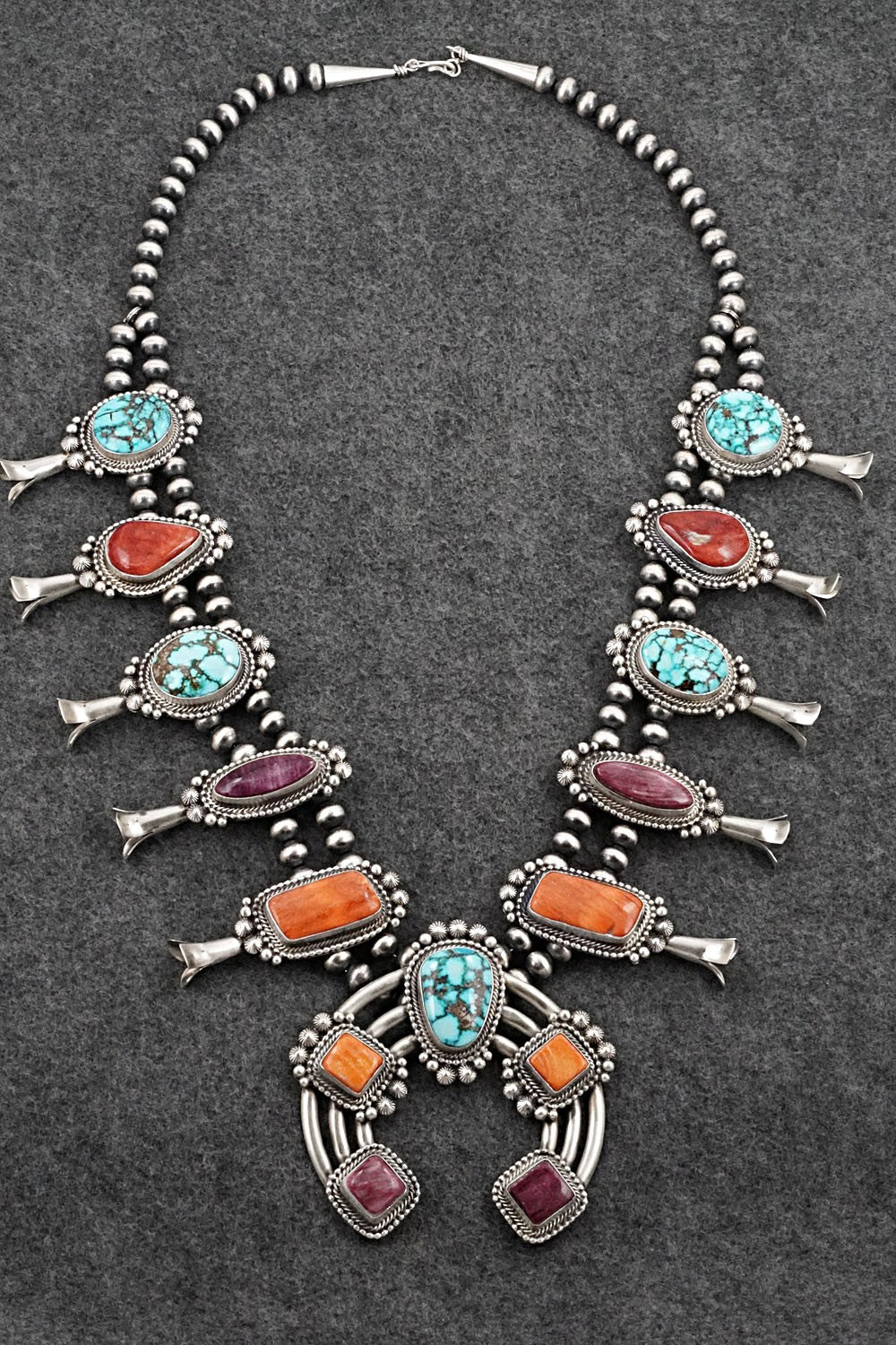 Turquoise, Spiny Oyster & Sterling Silver Squash Blossom Necklace - Tom Lewis