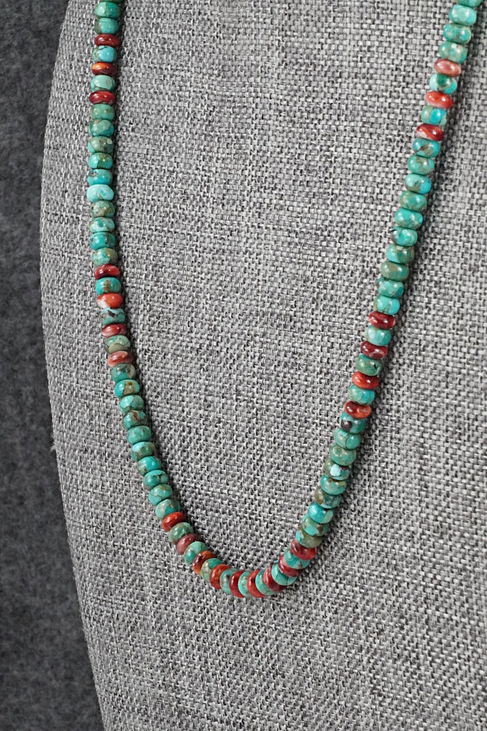Turquoise, Spiny Oyster & Sterling Silver Necklace 19" - Helen Tsosie