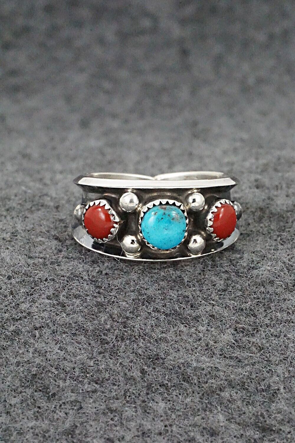 Turquoise, Coral & Sterling Silver Ring - Paul Largo - Size 10