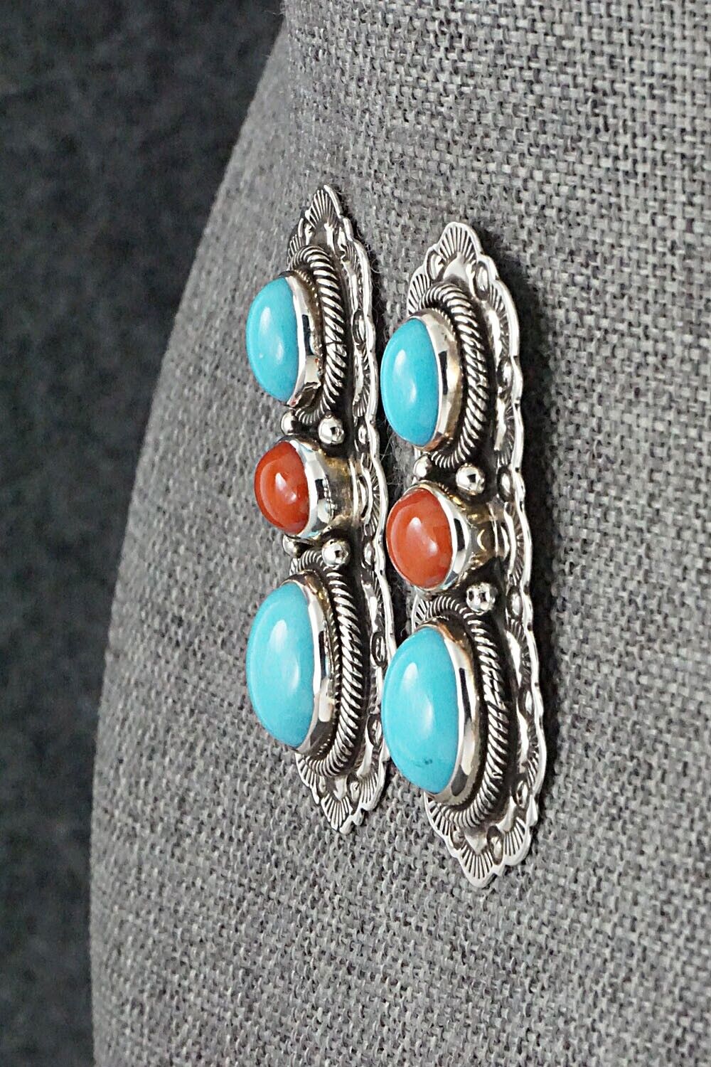 Turquoise, Coral & Sterling Silver Earrings - Bernyse Chavez