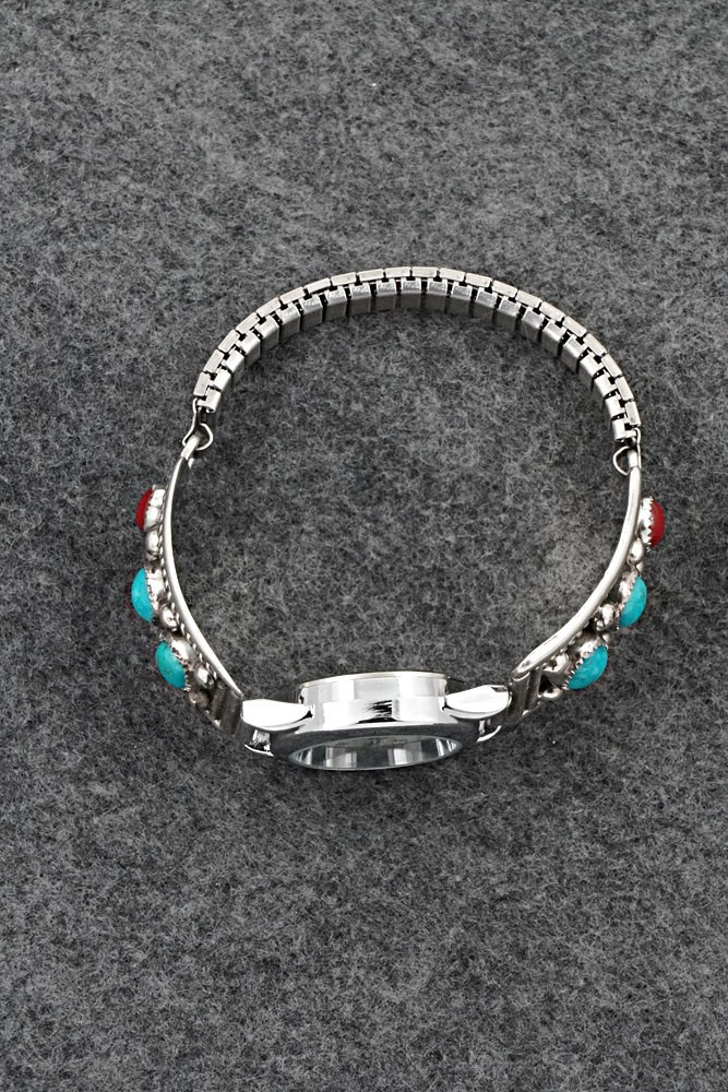 Turquoise, Coral & Sterling Silver Watch Bracelet - Paul Largo