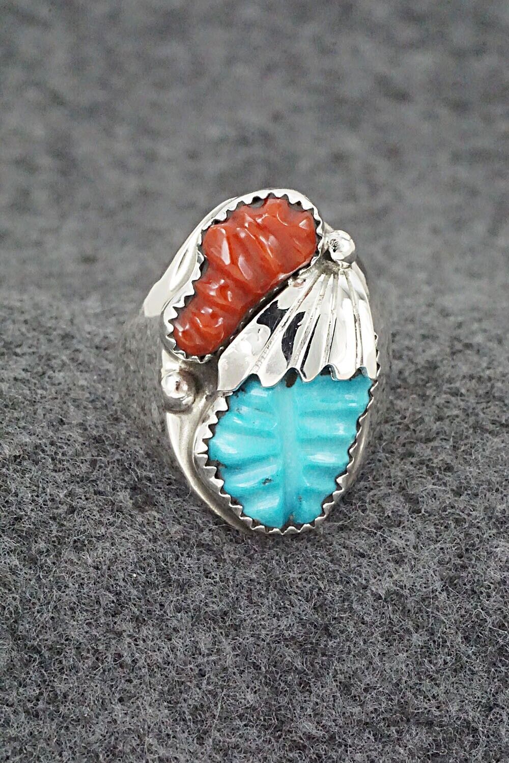 Coral, Turquoise & Sterling Silver Ring - Lyolita Tsattie - Size 9.5