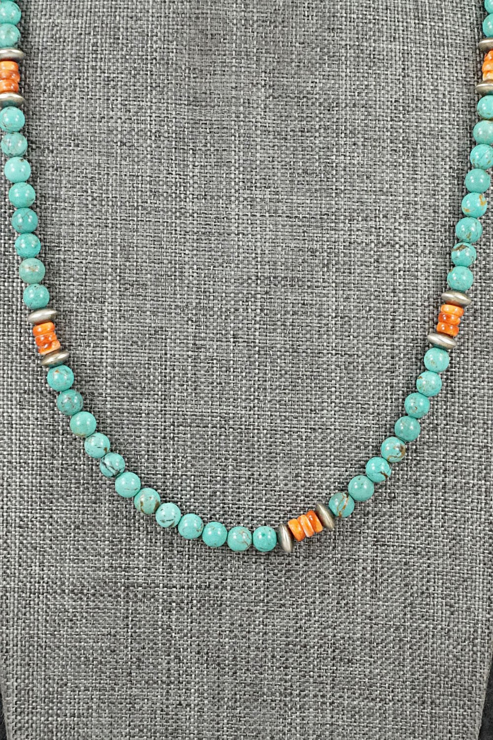 Turquoise, Spiny Oyster & Sterling Silver Necklace 20" - Doreen Jake