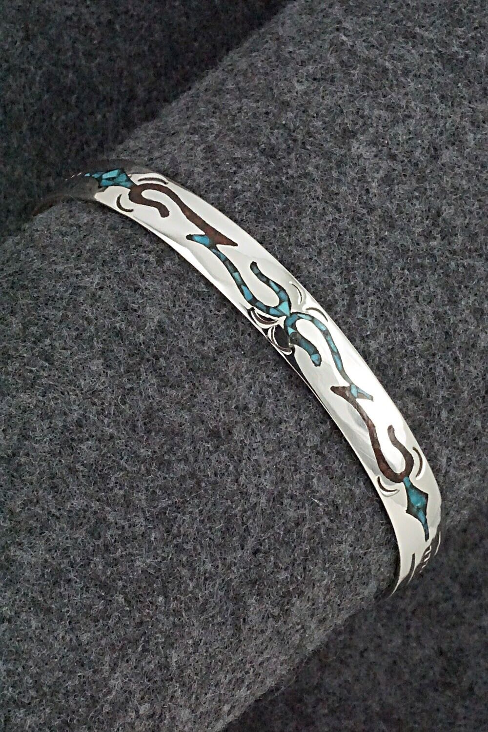 Turquoise, Coral Chip Inlay & Sterling Silver Bracelet - Joleen Yazzie