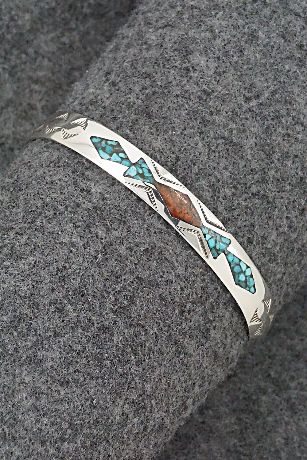 Turquoise, Coral & Sterling Silver Inlay Bracelet - Jolene Yazzie