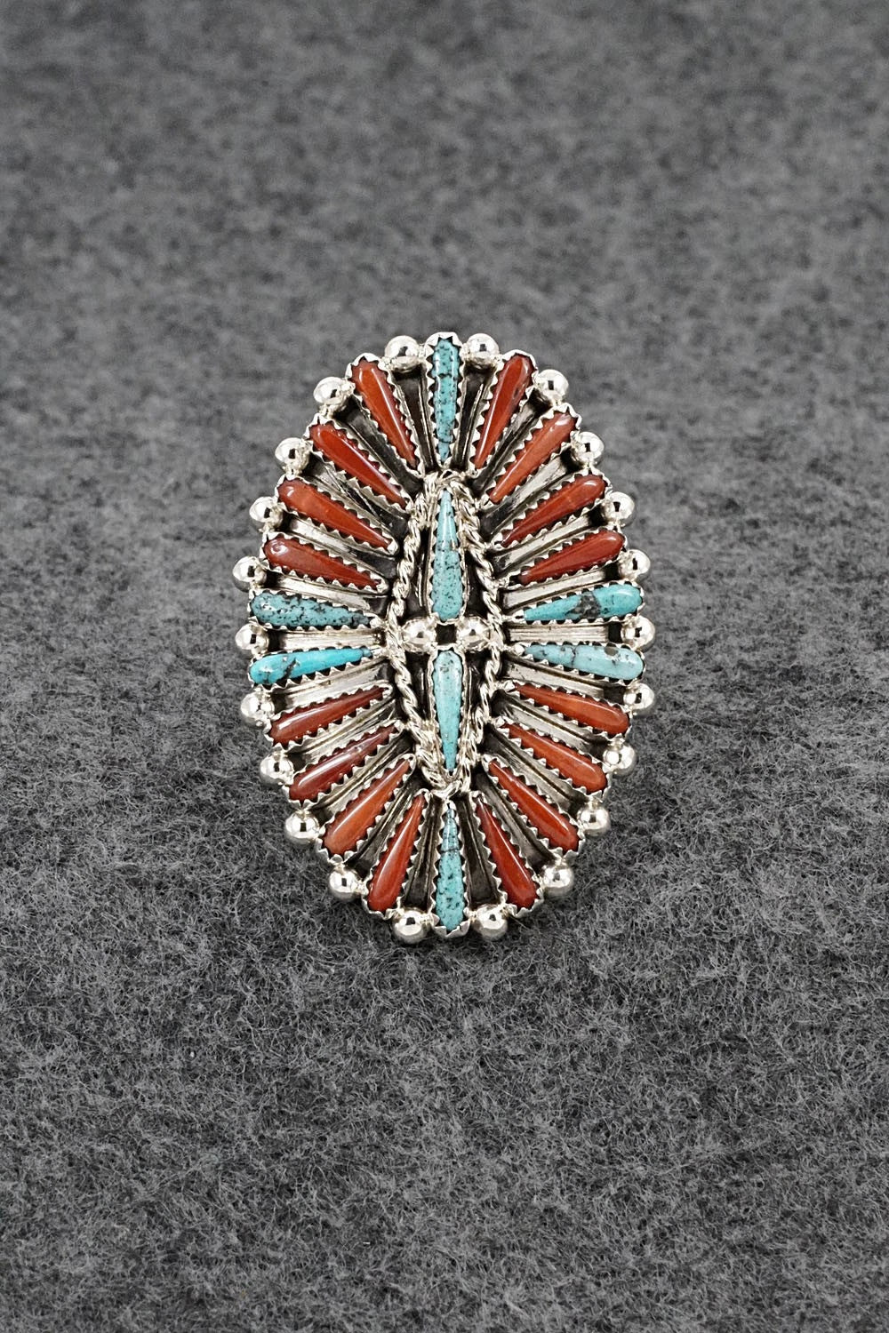 Turquoise, Coral & Sterling Silver Ring - Kyle Wilson - Size 8