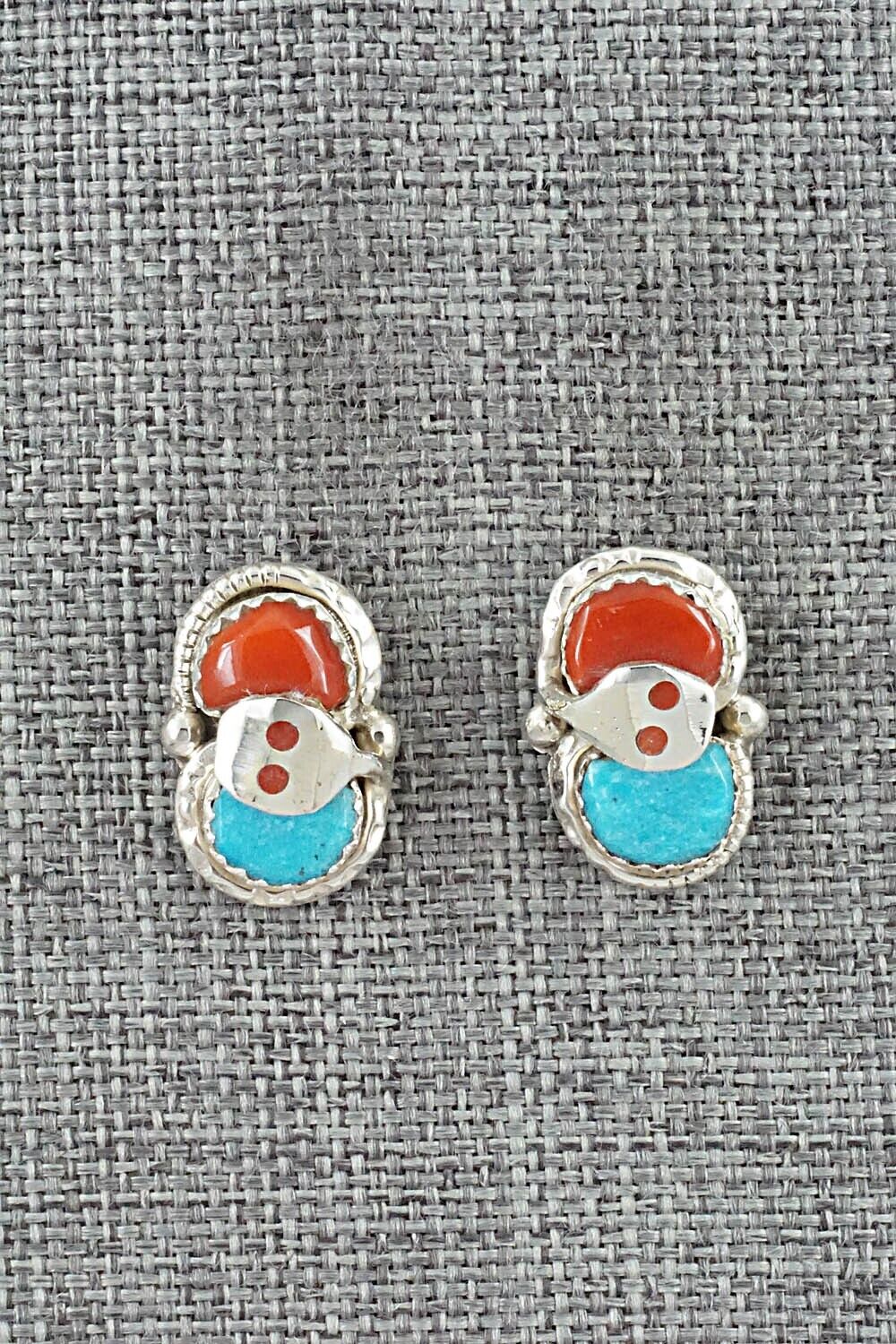 Turquoise, Coral & Sterling Silver Earrings - Joy Calavaza