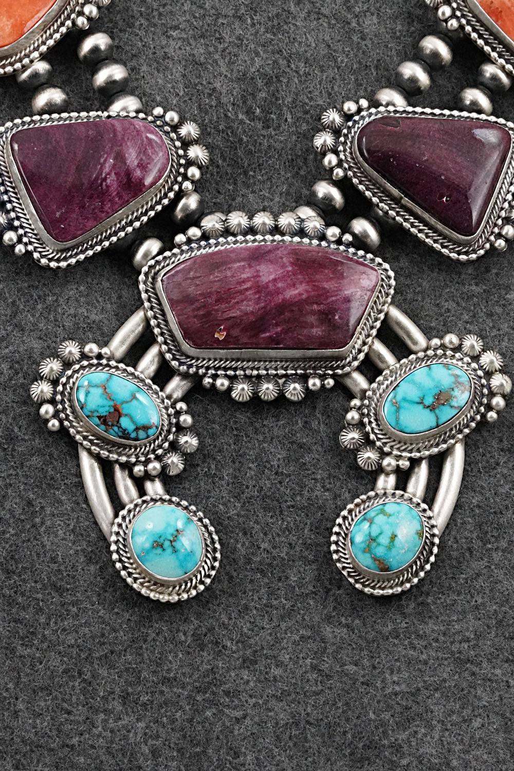 Turquoise, Spiny Oyster & Sterling Silver Squash Blossom Necklace - Tom Lewis