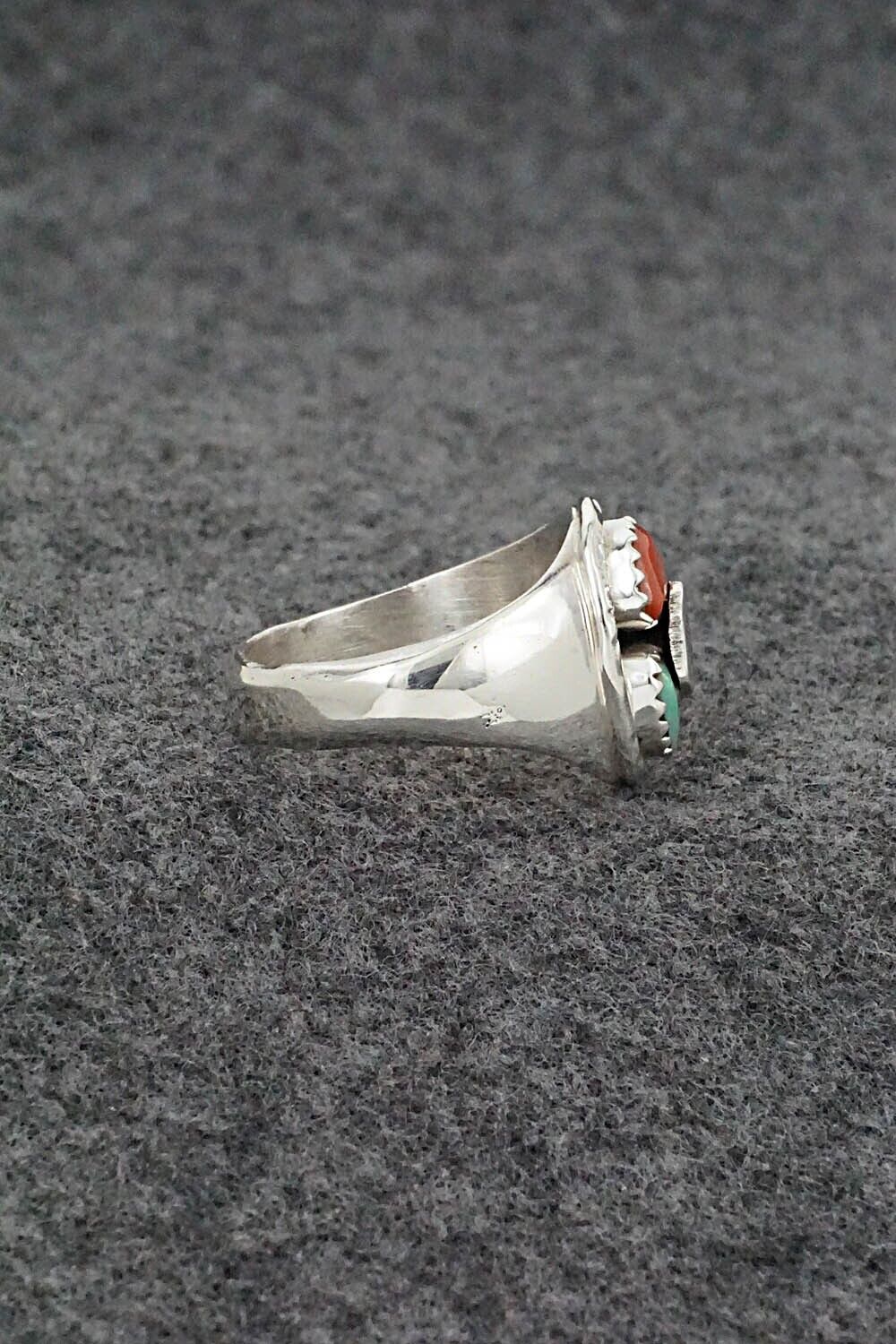 Turquoise, Coral & Sterling Silver Ring - Joy Calavaza - Size 8.5