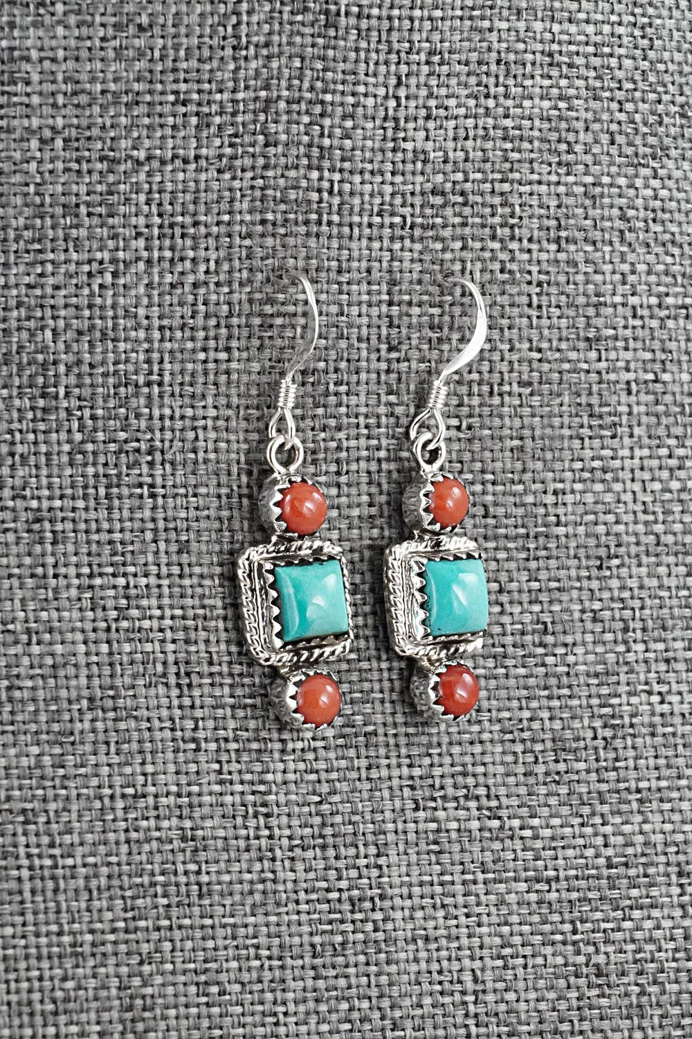 Turquoise, Coral & Sterling Silver Earrings - Gary Shorty
