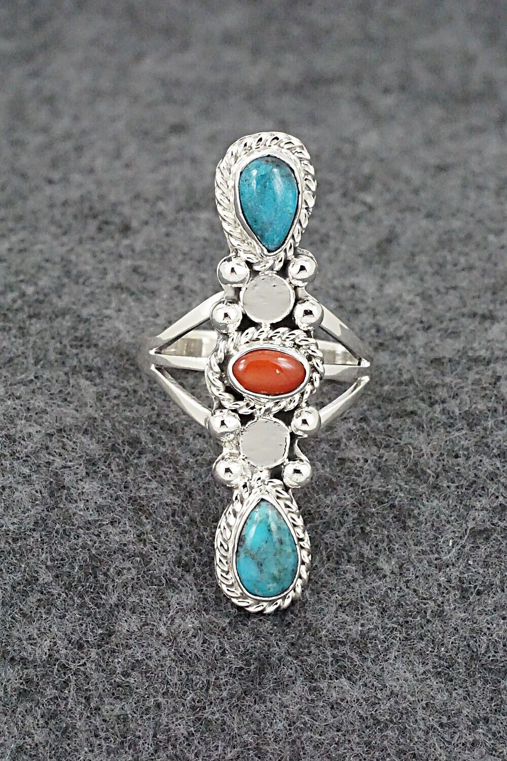 Turquoise, Coral & Sterling Silver Ring - Andrew Vandever - Size 7