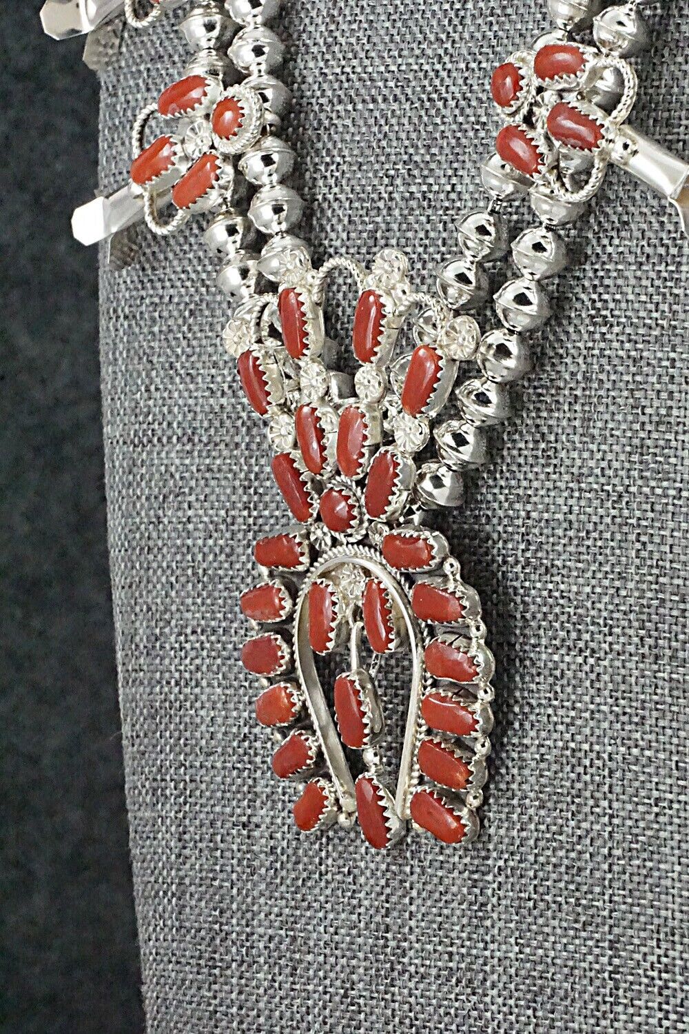 Coral & Sterling Silver Squash Blossom Set - Claudine Penketewa