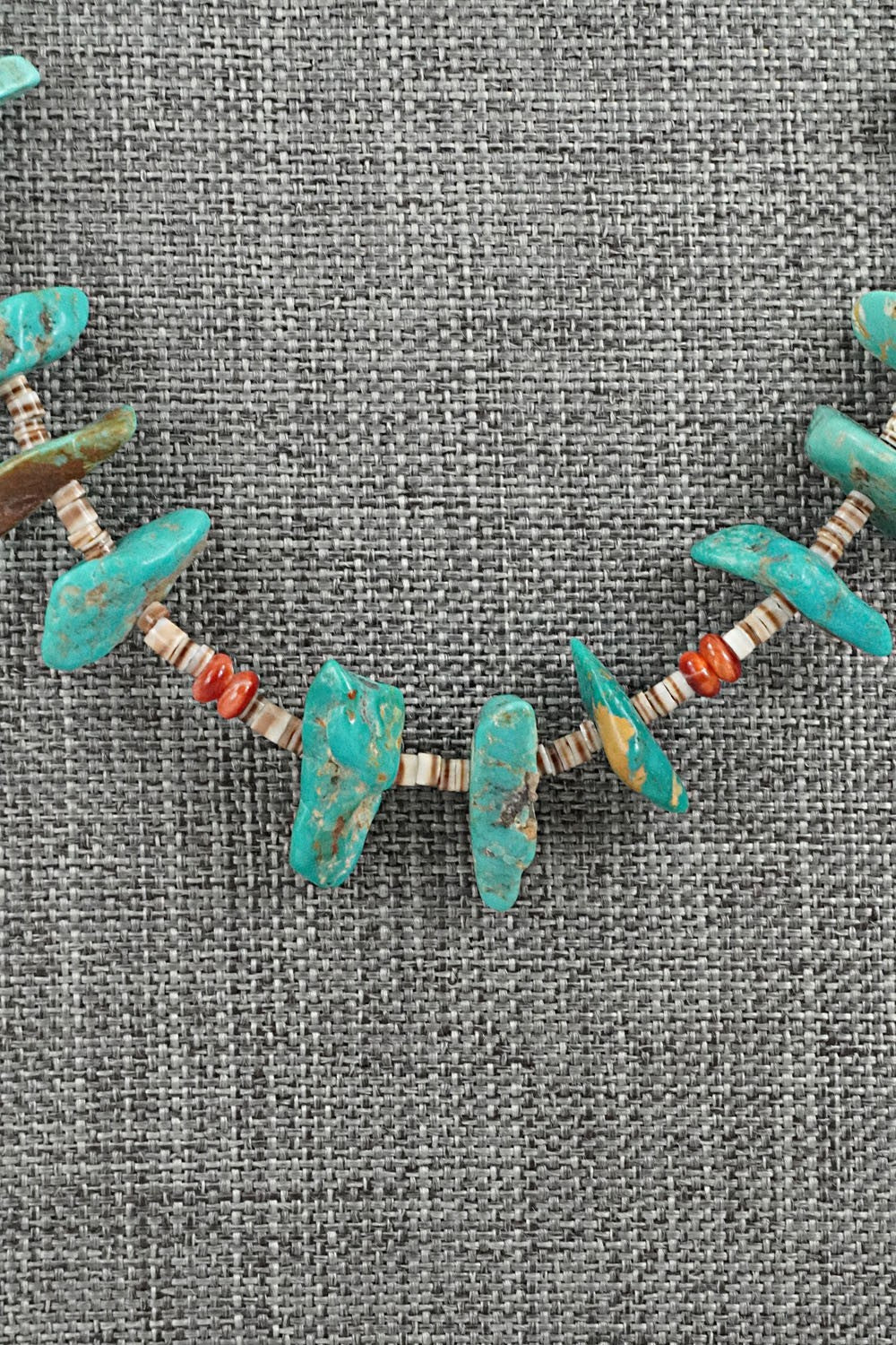 Turquoise, Spiny Oyster & Sterling Silver Necklace 19" - Helen Tsosie