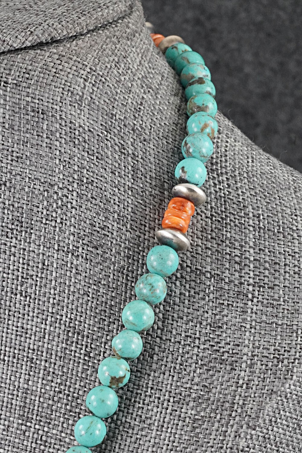 Turquoise, Spiny Oyster & Sterling Silver Necklace 20" - Doreen Jake