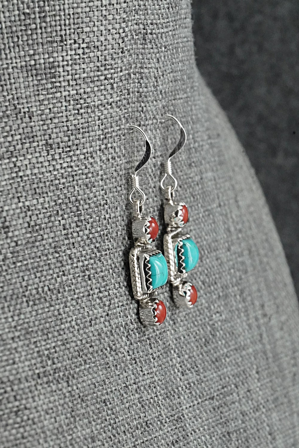 Turquoise, Coral & Sterling Silver Earrings - Gary Shorty
