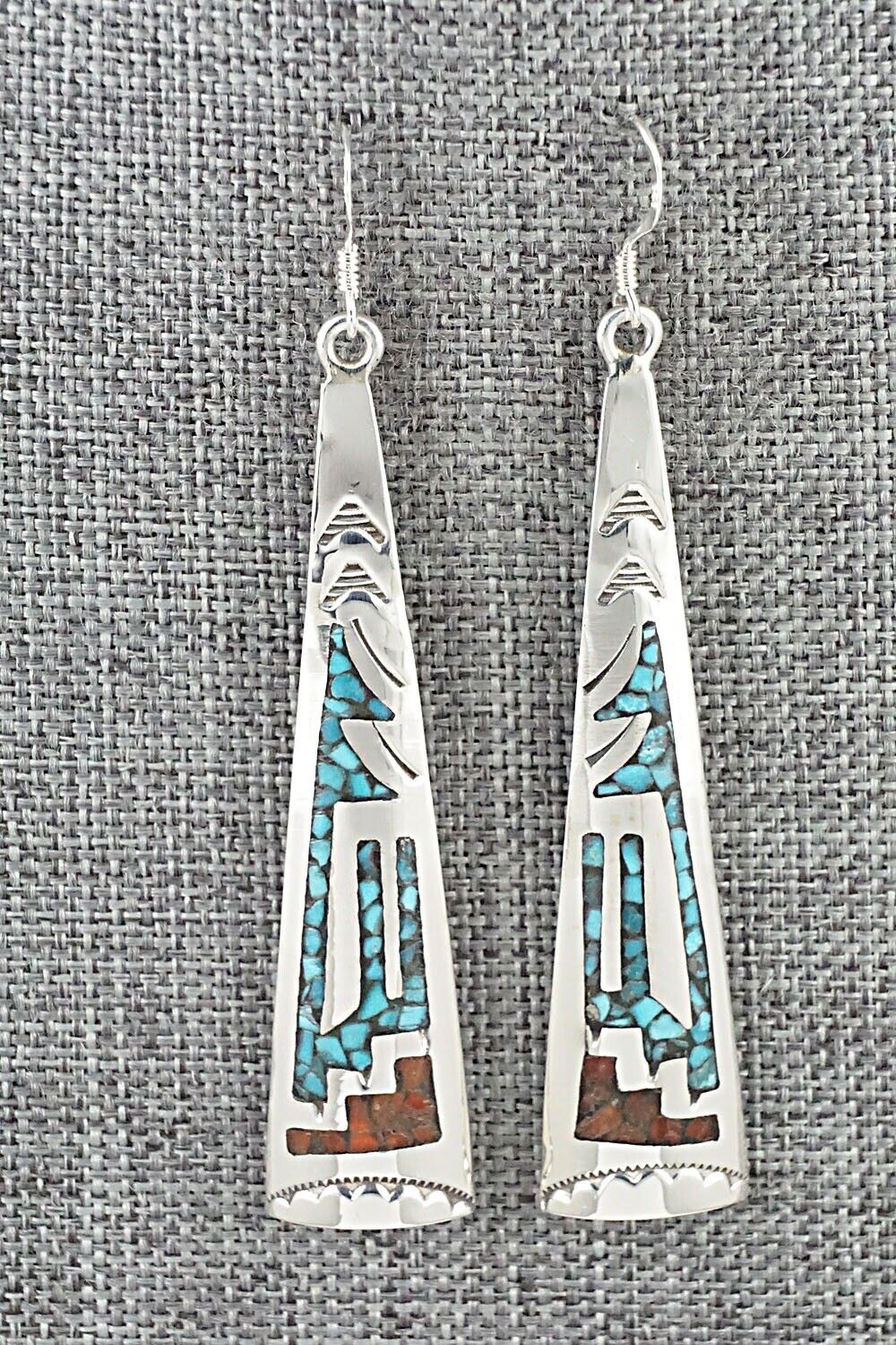 Turquoise, Coral & Sterling Silver Earrings - Jolene Yazzie