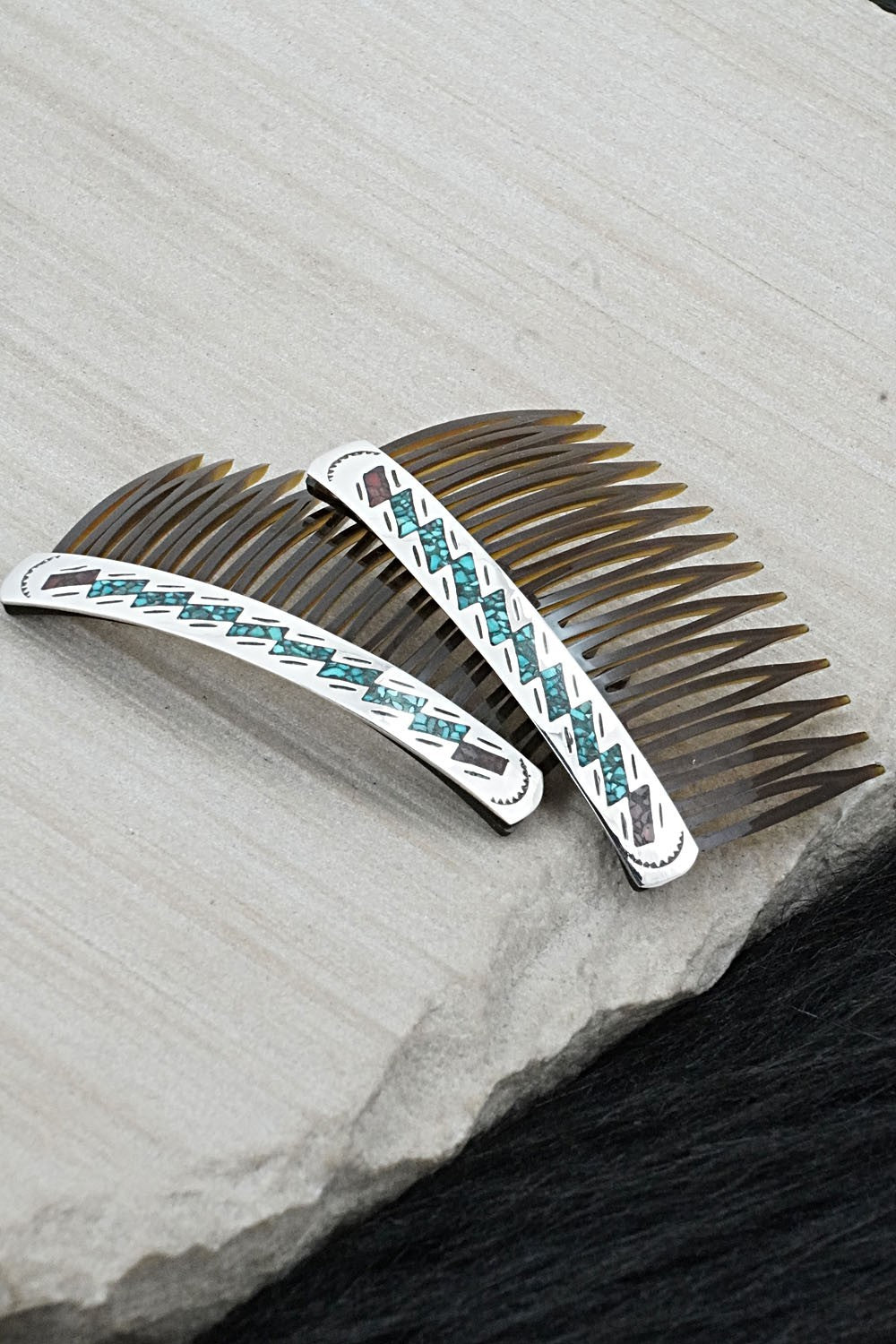 Turquoise, Coral Chip Inlay & Sterling Silver Hair Combs - Joleen Yazzie
