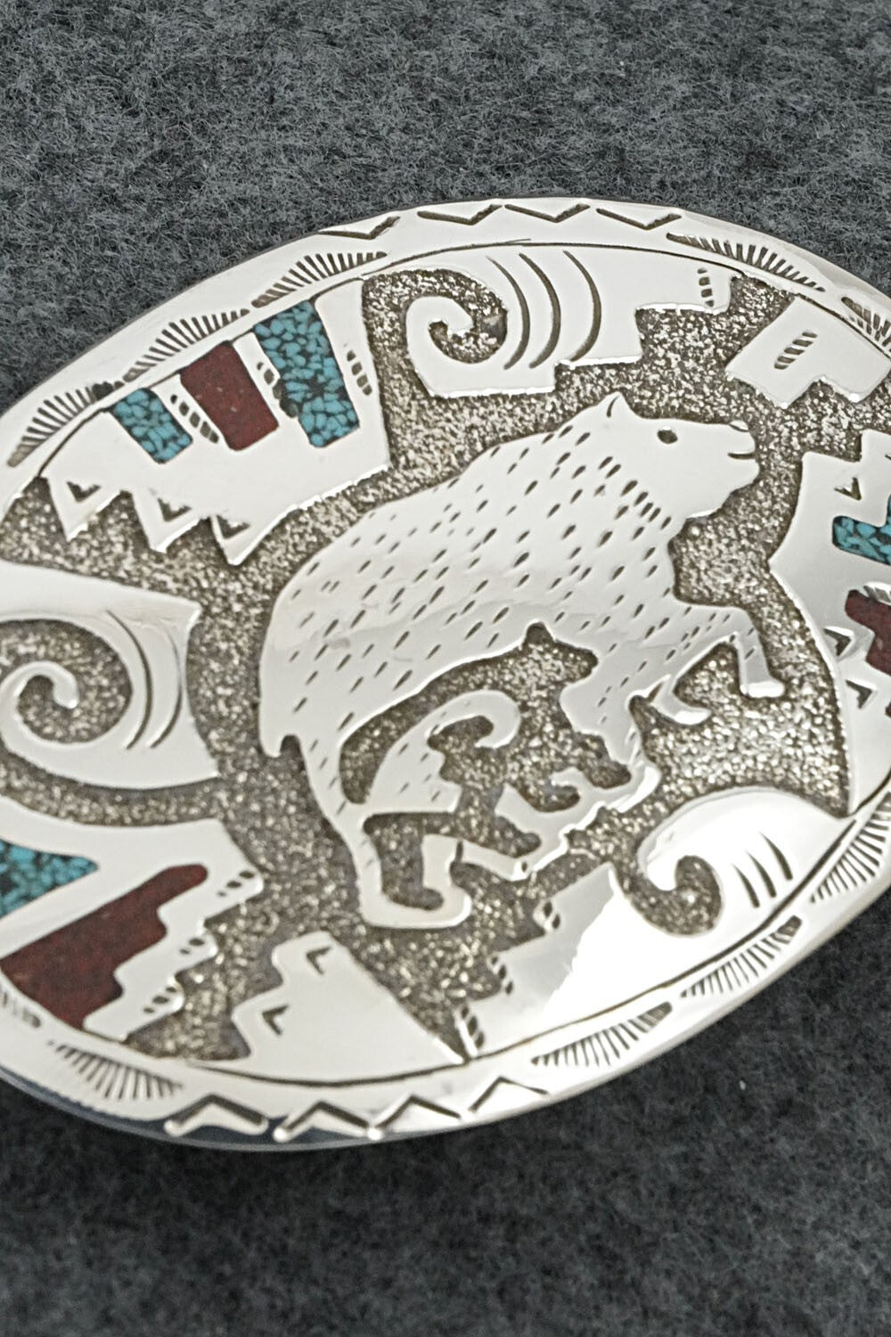 Turquoise, Coral Chip Inlay & Sterling Silver Belt Buckle - Raymond Begay